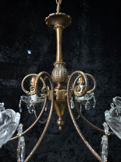 Classical Vintage Italian Brass 6 Arm Glass Crystal Chandelier Ceiling Light