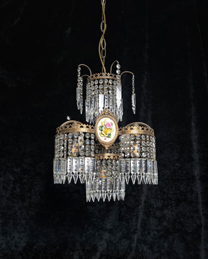 Beautiful Vintage Italian Capodimonte Flower Brass Crystal 4 Light Chandelier