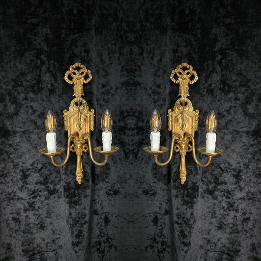 RESERVED Decorative Pair Vintage Italian Stamped 2 Arm Swag and Bows Brass Sconces Lights