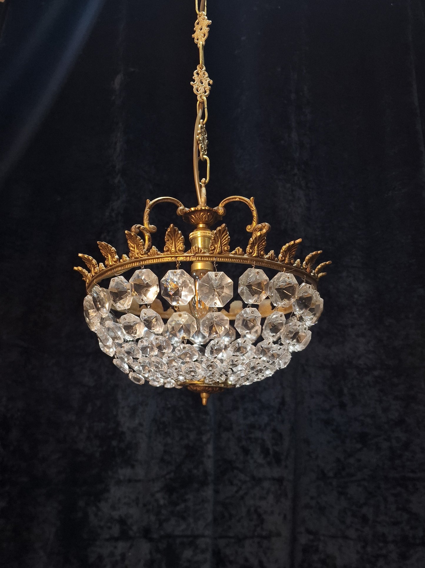 Lovely Vintage French 1 Light Half Bag Crystal Basket Brass Chandelier Light