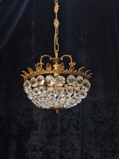 Lovely Vintage French 1 Light Half Bag Crystal Basket Brass Chandelier Light