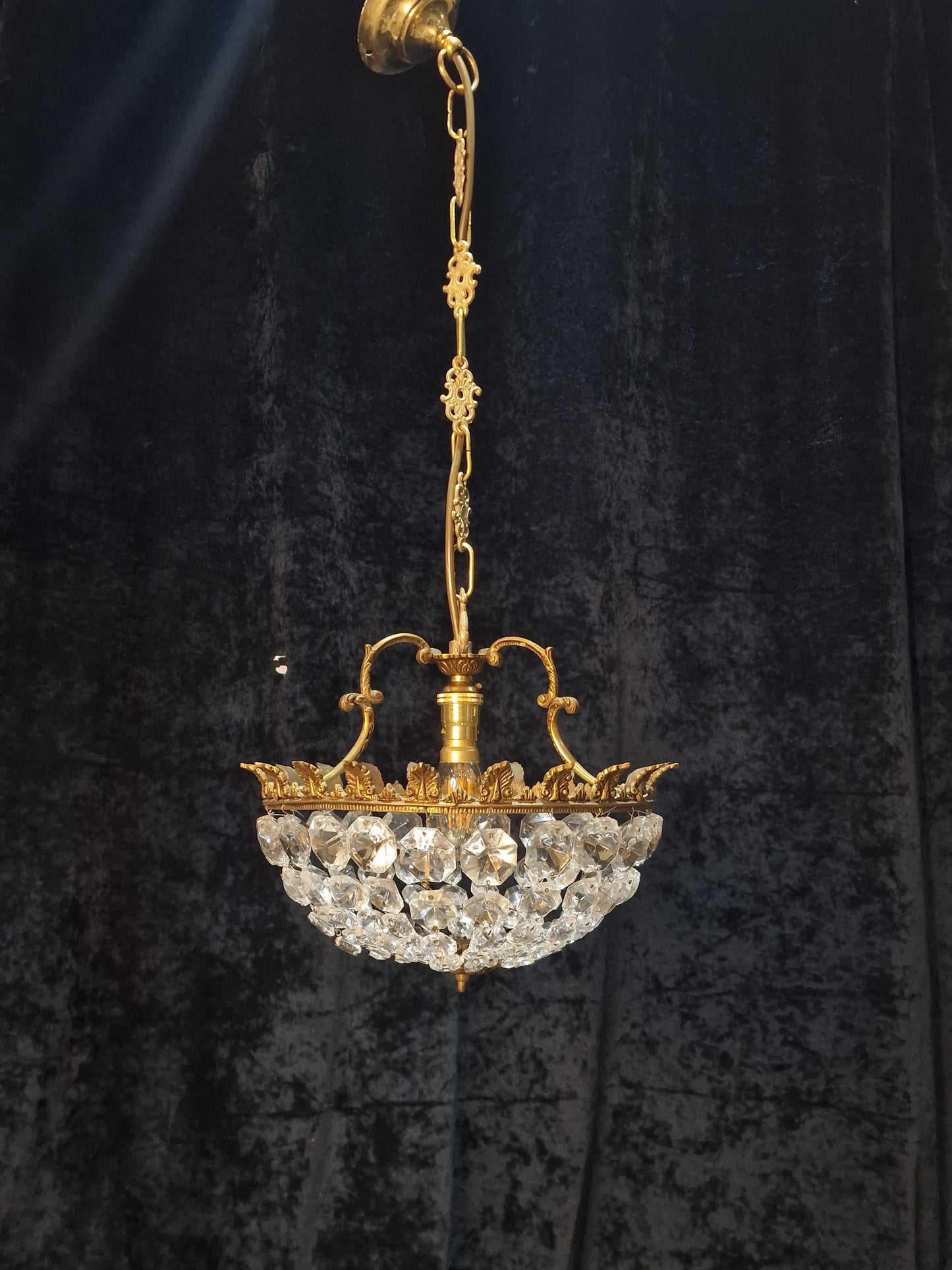 Lovely Vintage French 1 Light Half Bag Crystal Basket Brass Chandelier Light