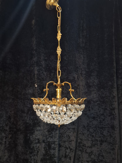 Lovely Vintage French 1 Light Half Bag Crystal Basket Brass Chandelier Light