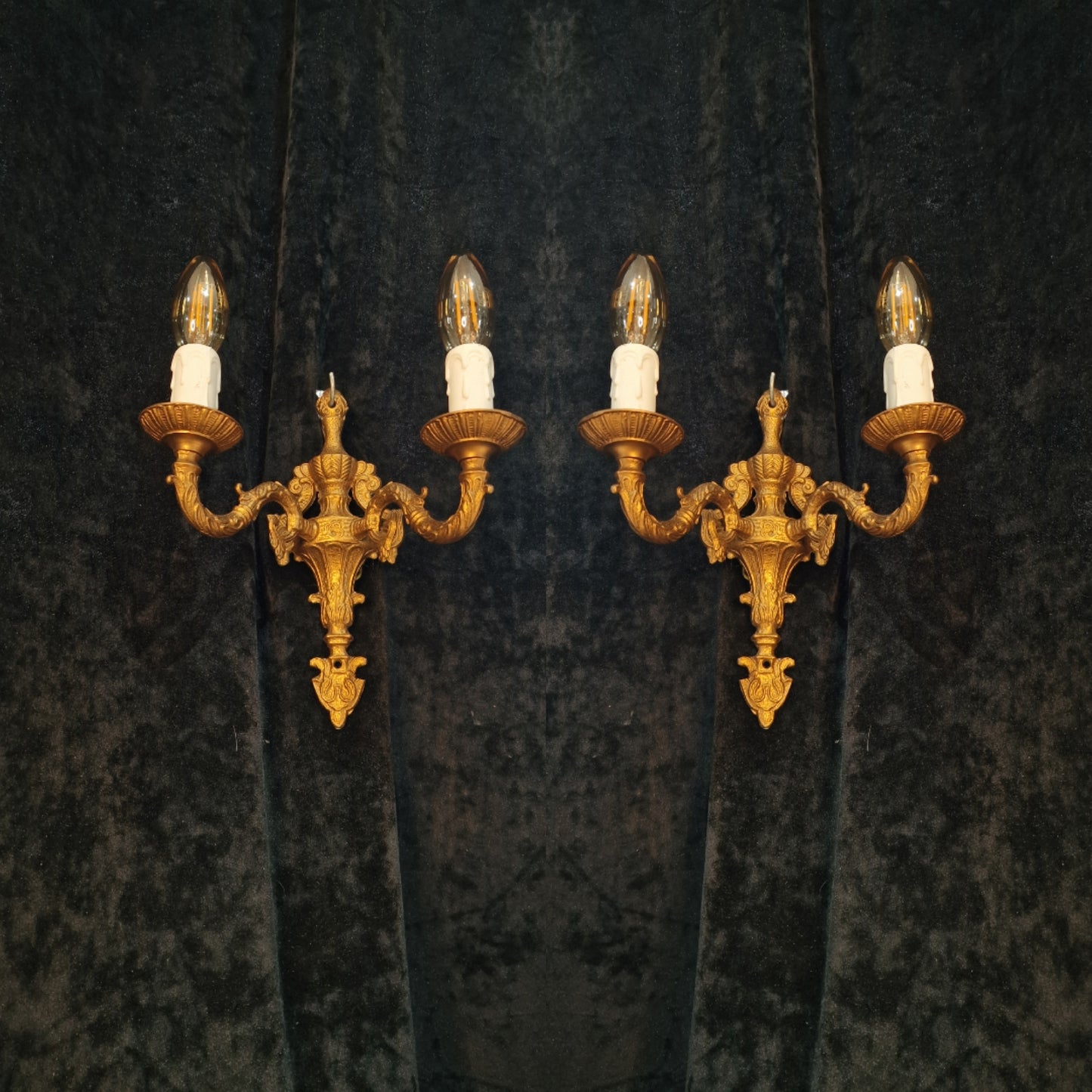 Lovely Pair of Vintage Gilded Spelter 2 Arm Wall Lights Sconces