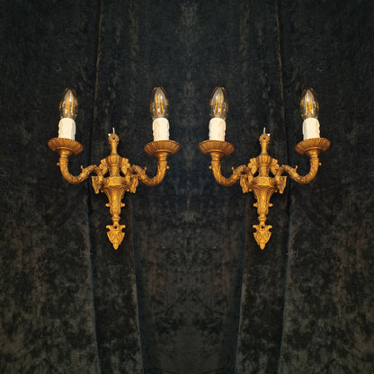 Lovely Pair of Vintage Gilded Spelter 2 Arm Wall Lights Sconces