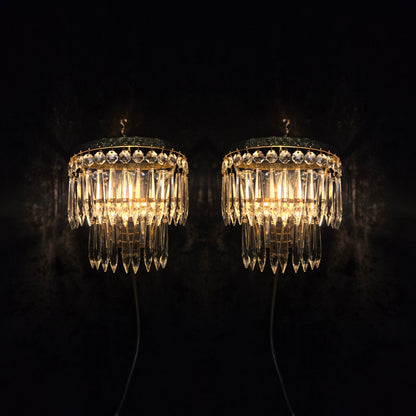 Lovely Pair Antique French 1 Light Crystal Brass Waterfall Mirror Wall Sconces