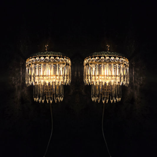Lovely Pair Antique French 1 Light Crystal Brass Waterfall Mirror Wall Sconces