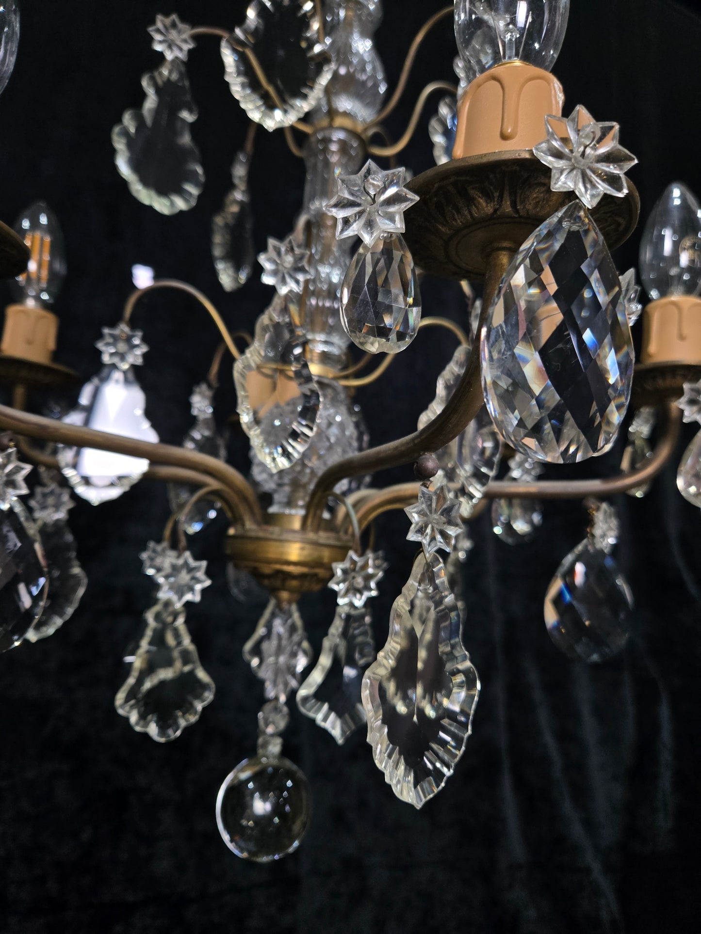 Beautiful Antique French 6 Arm Brass 3 Tier Crystal Chandelier Ceiling Light