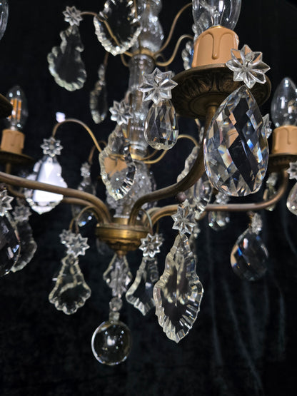 Beautiful Antique French 6 Arm Brass 3 Tier Crystal Chandelier Ceiling Light