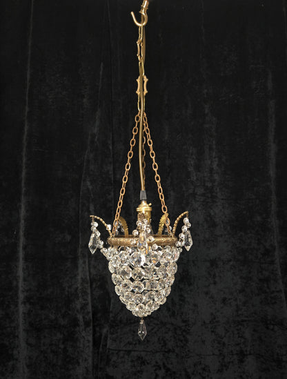 Beautiful Antique French Crystal Bag Brass Leaf Chandelier Ceiling Light
