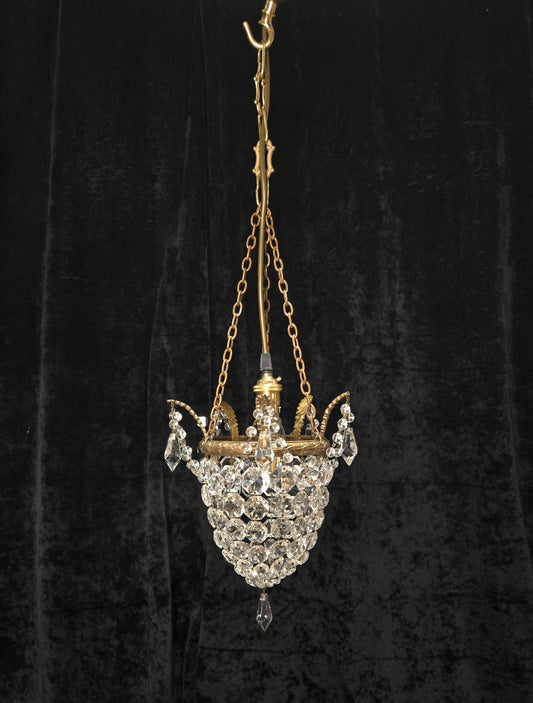 Beautiful Antique French Crystal Bag Brass Leaf Chandelier Ceiling Light