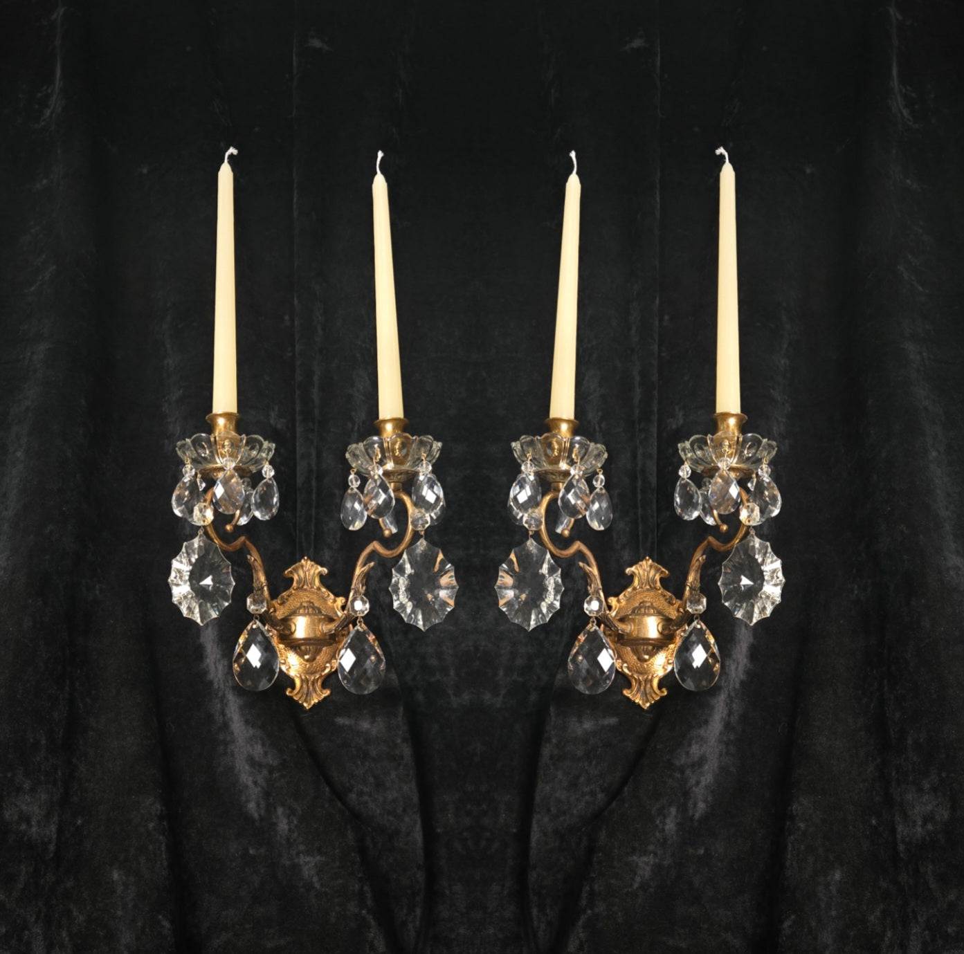 Gorgeous Pair of Vintage Italian 2 Arm Brass Crystal Candle Wall Lights Sconces