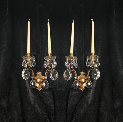 Gorgeous Pair of Vintage Italian 2 Arm Brass Crystal Candle Wall Lights Sconces
