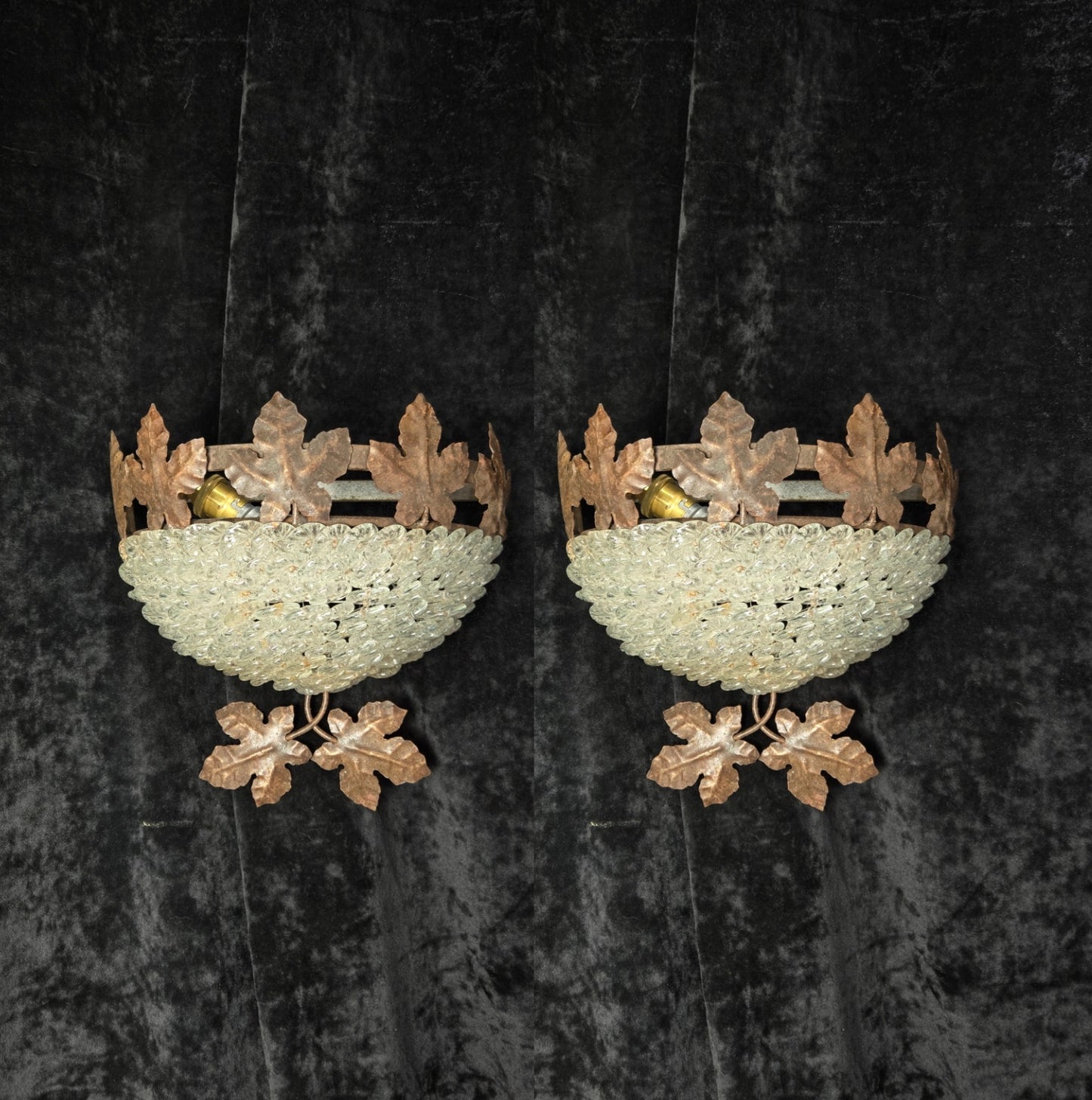 Fabulous Pair Vintage French Iron Murano Glass Basket Leaf Wall Lights Sconces