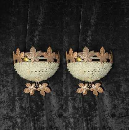 Fabulous Pair Vintage French Iron Murano Glass Basket Leaf Wall Lights Sconces