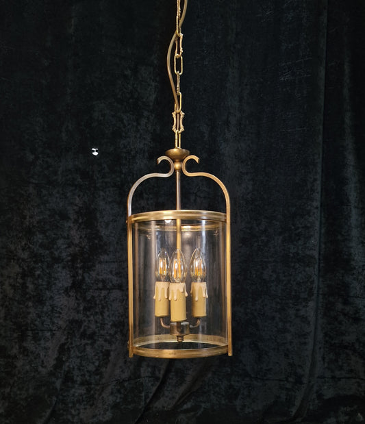 Classical Vintage French 3 Light Cylinder Glass Brass Lantern Ceiling Light