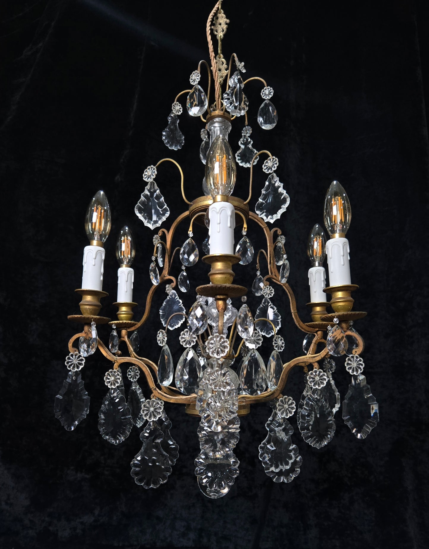 Stunning Antique French 6 Arm Cage Bronze Crystal Chandelier Ceiling Light