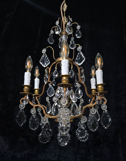 Stunning Antique French 6 Arm Cage Bronze Crystal Chandelier Ceiling Light