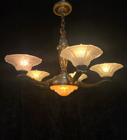 Large Antique French EZAN Art Deco 5 Arm 6 Light Brass Heavy Chandelier Light