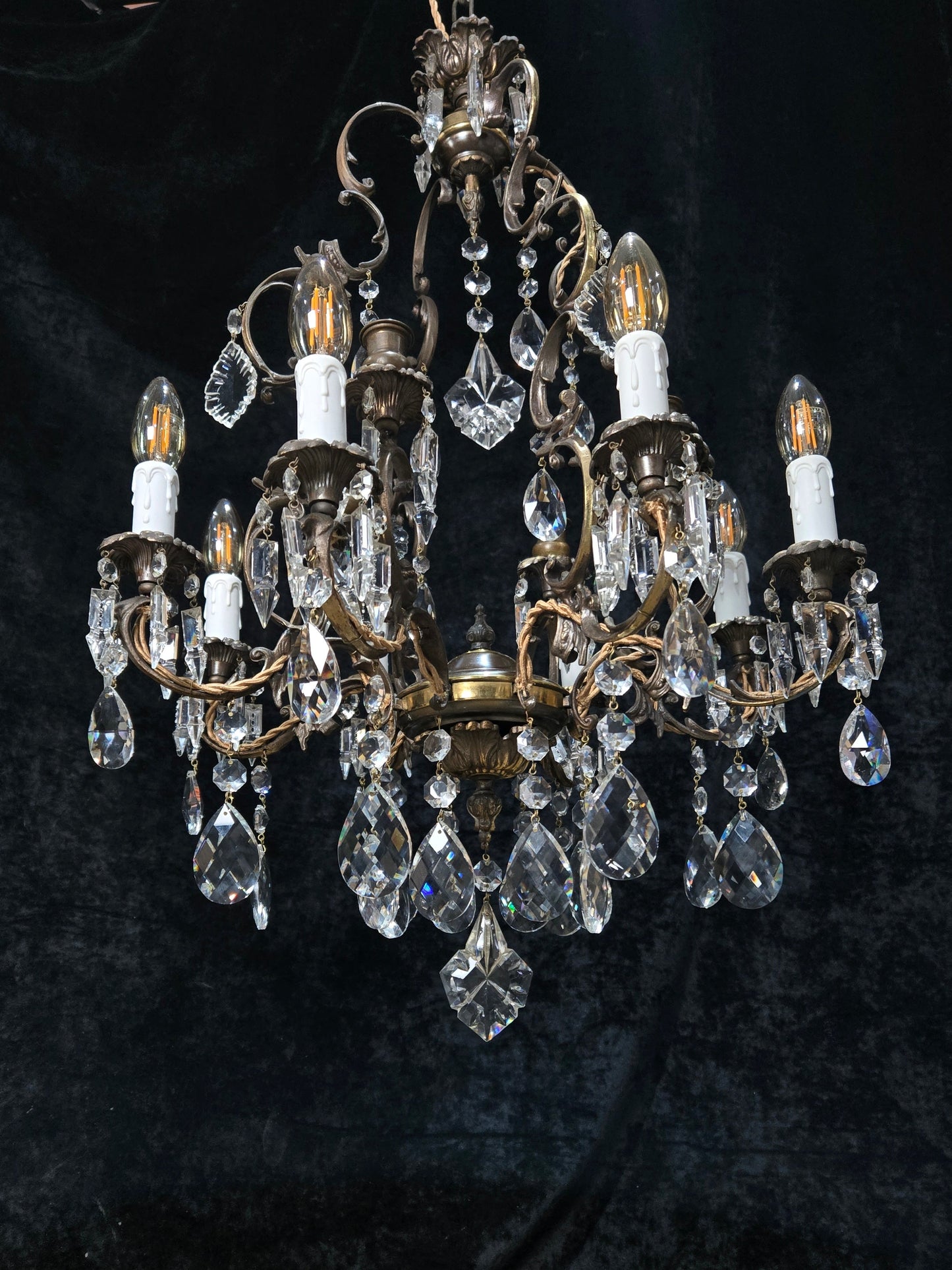 Fabulous Antique Italian 8 Arm 4 Candle Cage Brass Crystal Chandelier Light