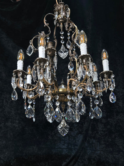 Fabulous Antique Italian 8 Arm 4 Candle Cage Brass Crystal Chandelier Light