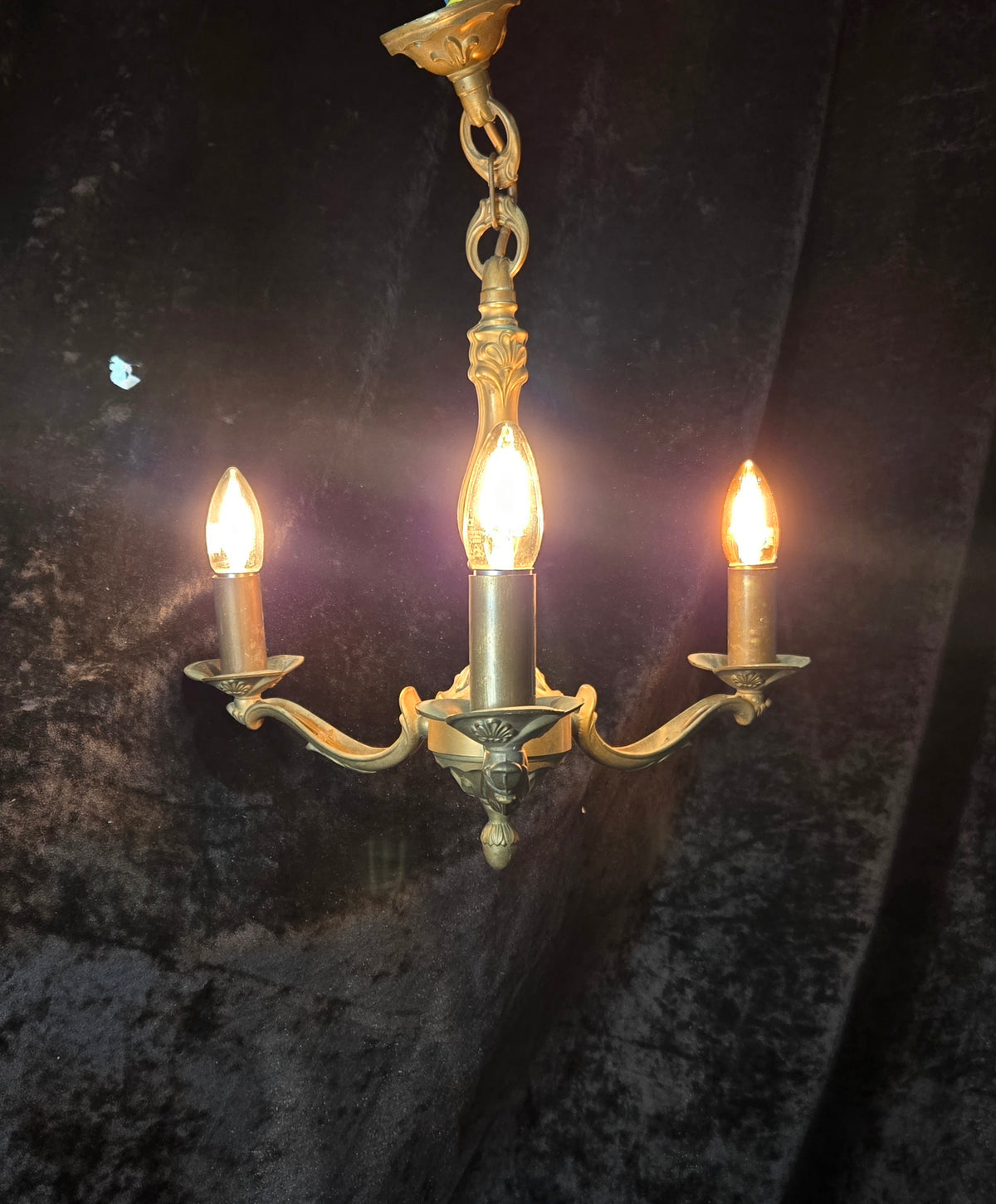 Art Nouveau Style Vintage French Bronze Veritable 3 Arm Chandelier Ceiling Light