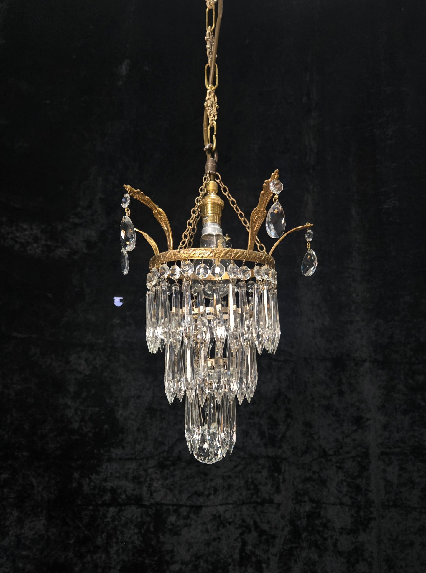 Beautiful Antique French Crystal Waterfall Brass Leaf Chandelier Ceiling Light