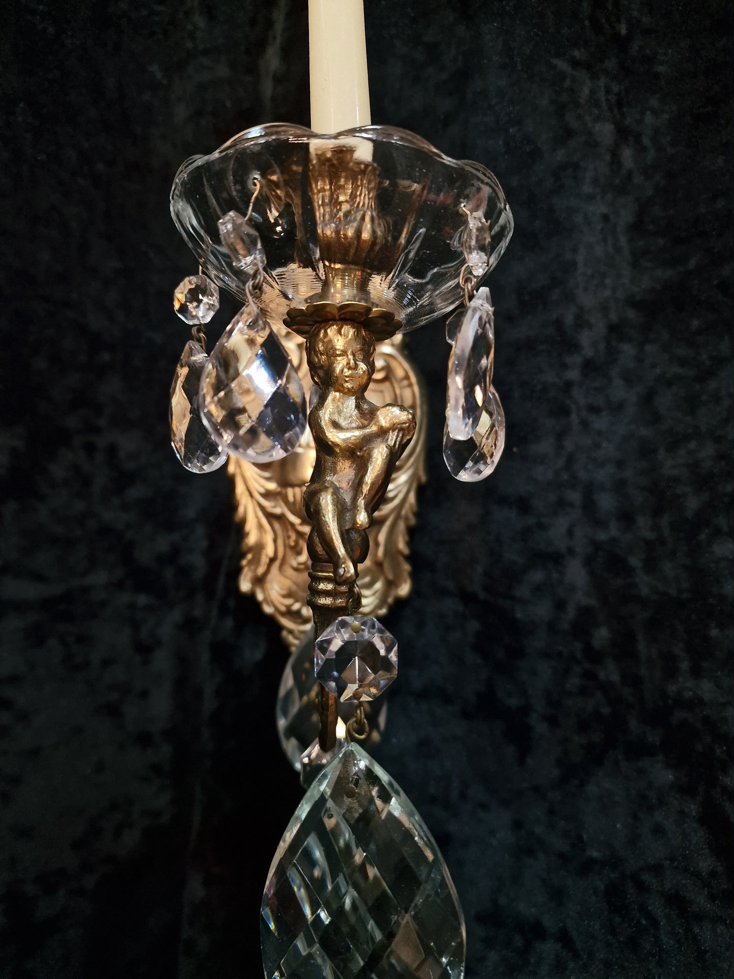 Fabulous Pair Italian Vintage Candle Cherub Brass Crystal Wall Sconces Lights