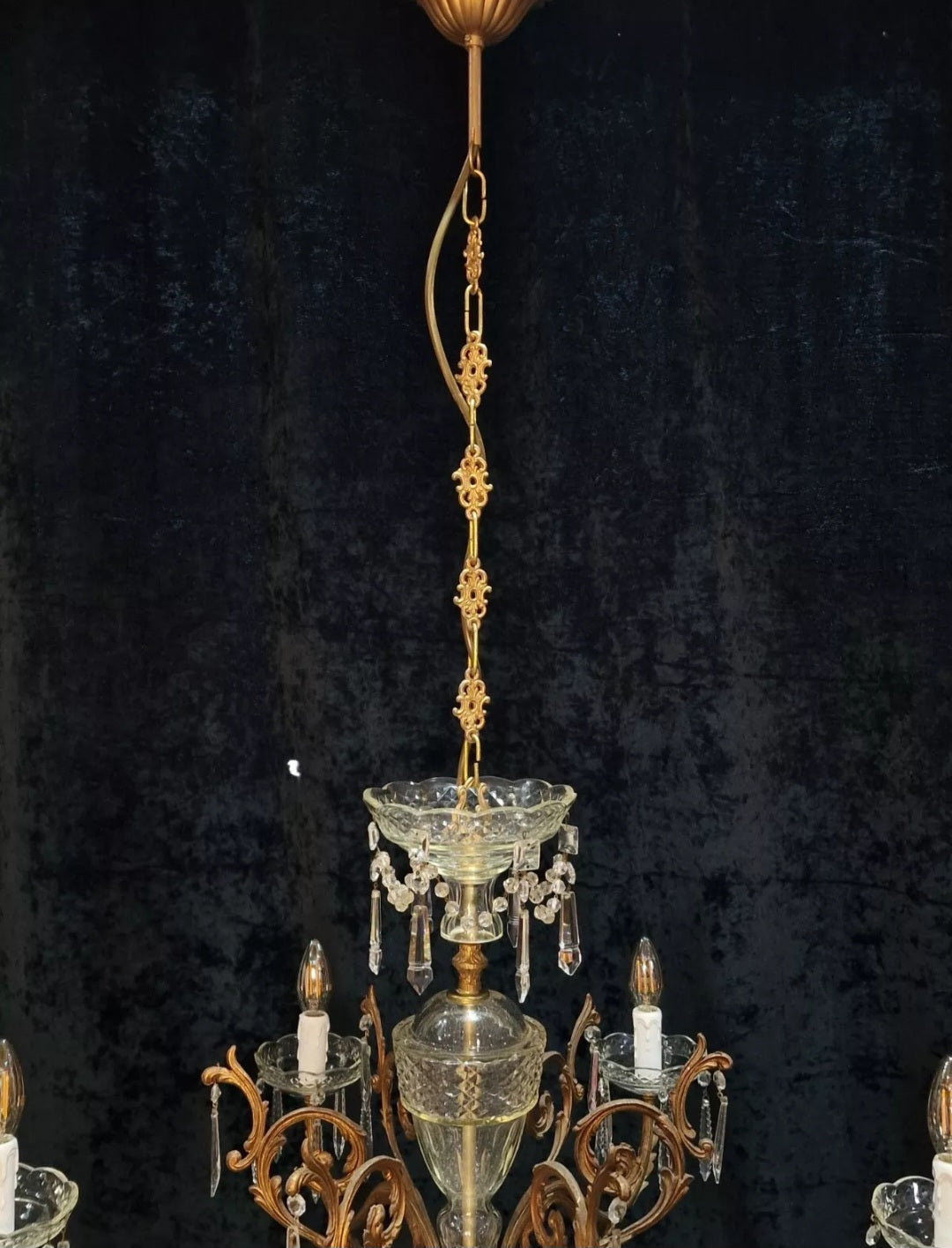 Stunning Large Vintage Italian 6 Arm Brass Crystal and Glass Chandelier Light