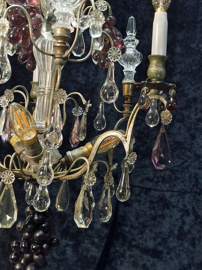 Exceptional Antique French 6 Light Murano Grape Crystal Solid Brass Chandelier
