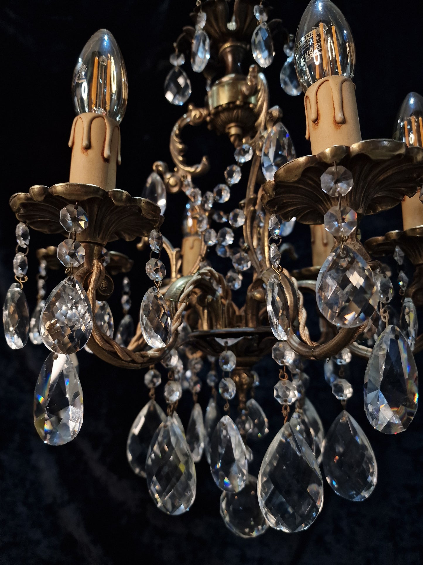 Beautiful Vintage French 6 Arm Brass Caged Crystal Chandelier Ceiling Light