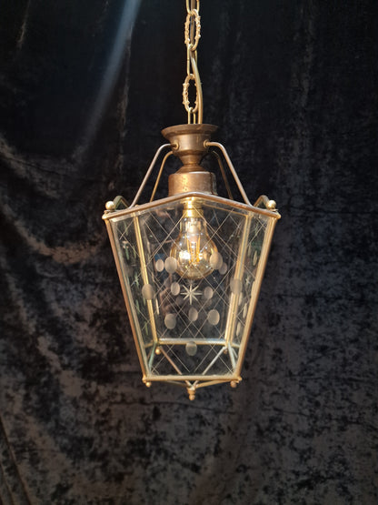 Classical Vintage French 1 Light Brass Bevelled Cut Glass Lantern Ceiling Light