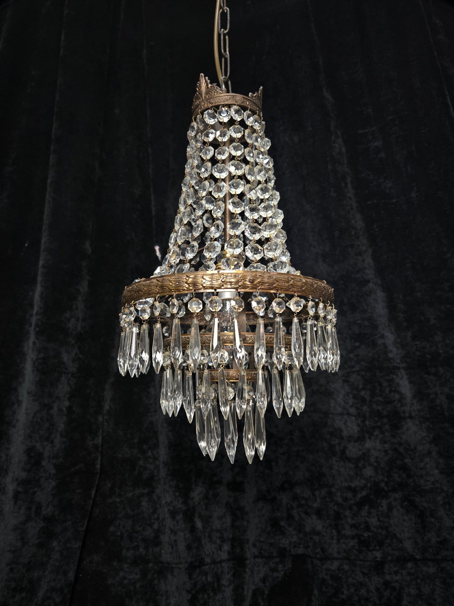 Beautiful Antique French 3 Tier Waterfall Montgolfiere Crystal Brass Chandelier