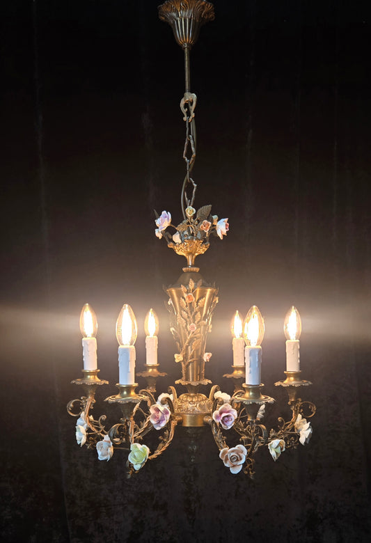 Fabulous Vintage Italian 6 Arm Brass Florentine Flower Roses Chandelier Light
