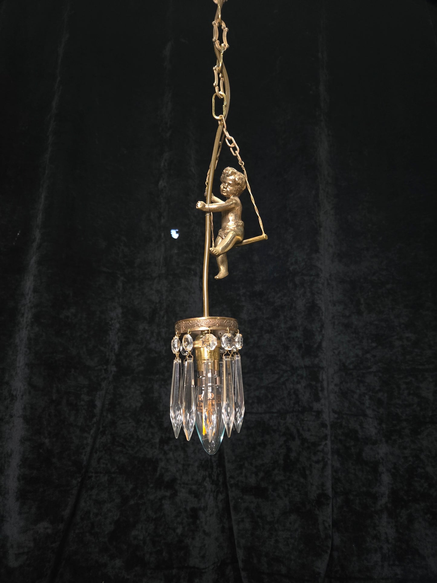 Beautiful Petite Vintage French Brass Cherub Crystal Chandelier Ceiling Light
