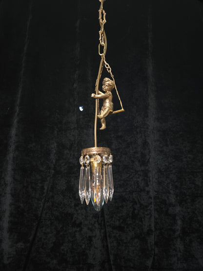 Beautiful Petite Vintage French Brass Cherub Crystal Chandelier Ceiling Light