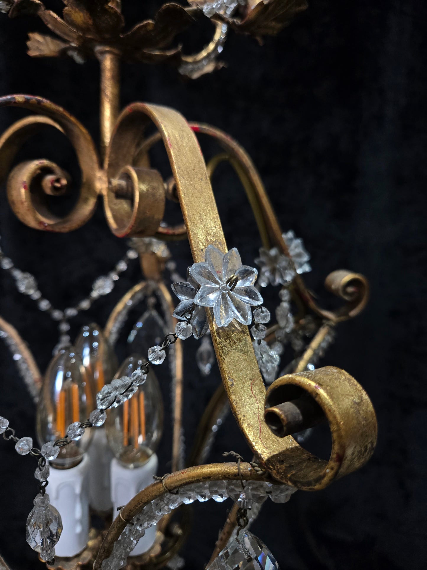Fabulous Vintage Italian 3 Arm Caged Florentine Flower Crystal Chandelier Light