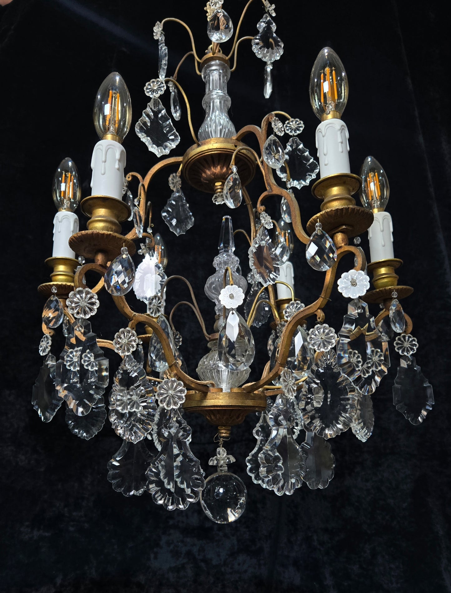 Stunning Antique French 6 Arm Cage Bronze Crystal Chandelier Ceiling Light