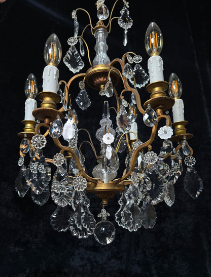 Stunning Antique French 6 Arm Cage Bronze Crystal Chandelier Ceiling Light