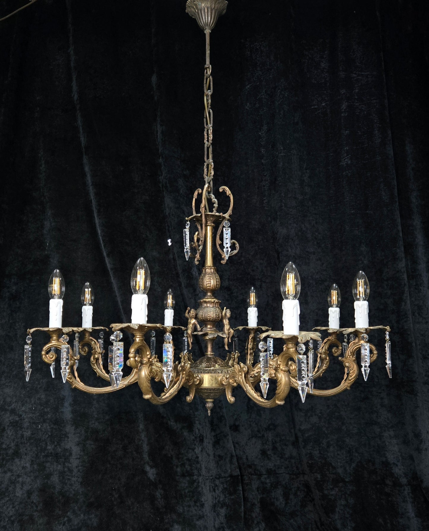 Fabulous Vintage Italian 8 Arm Large Brass Crystal Cherub Chandelier Light
