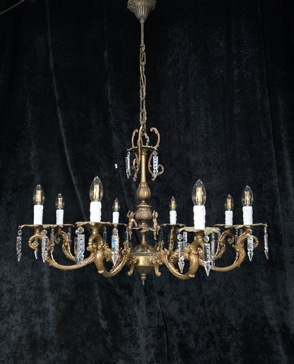 Fabulous Vintage Italian 8 Arm Large Brass Crystal Cherub Chandelier Light