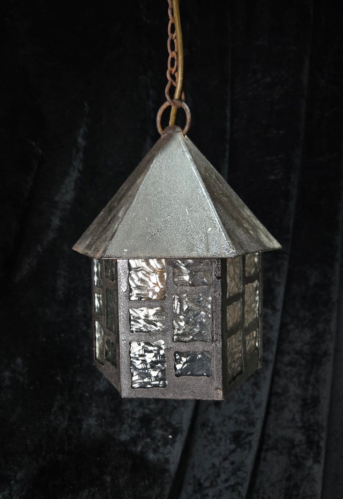 Lovely Vintage French Wrought Iron Gothic Lantern Light with Textured Glass