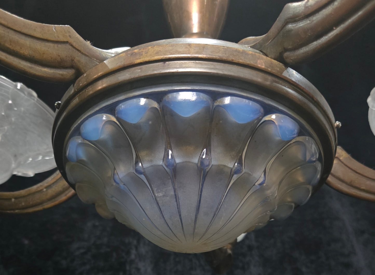 Large Antique French EZAN Art Deco 5 Arm 6 Light Brass Heavy Chandelier Light