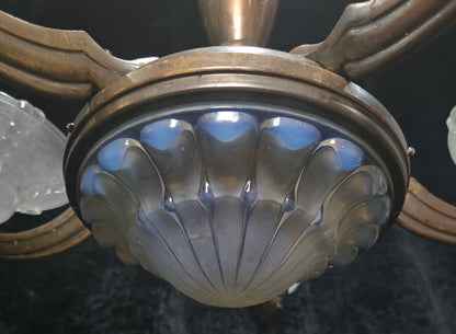 Large Antique French EZAN Art Deco 5 Arm 6 Light Brass Heavy Chandelier Light