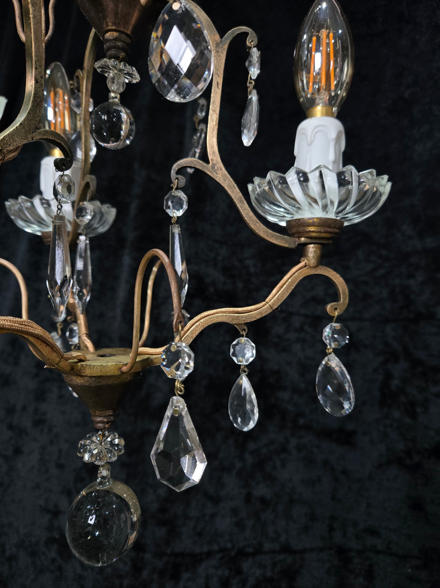 Lovely Petite Antique French 3 Arm Cage Brass Crystal Chandelier Ceiling Light