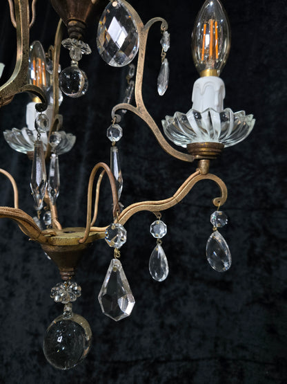 Lovely Petite Antique French 3 Arm Cage Brass Crystal Chandelier Ceiling Light