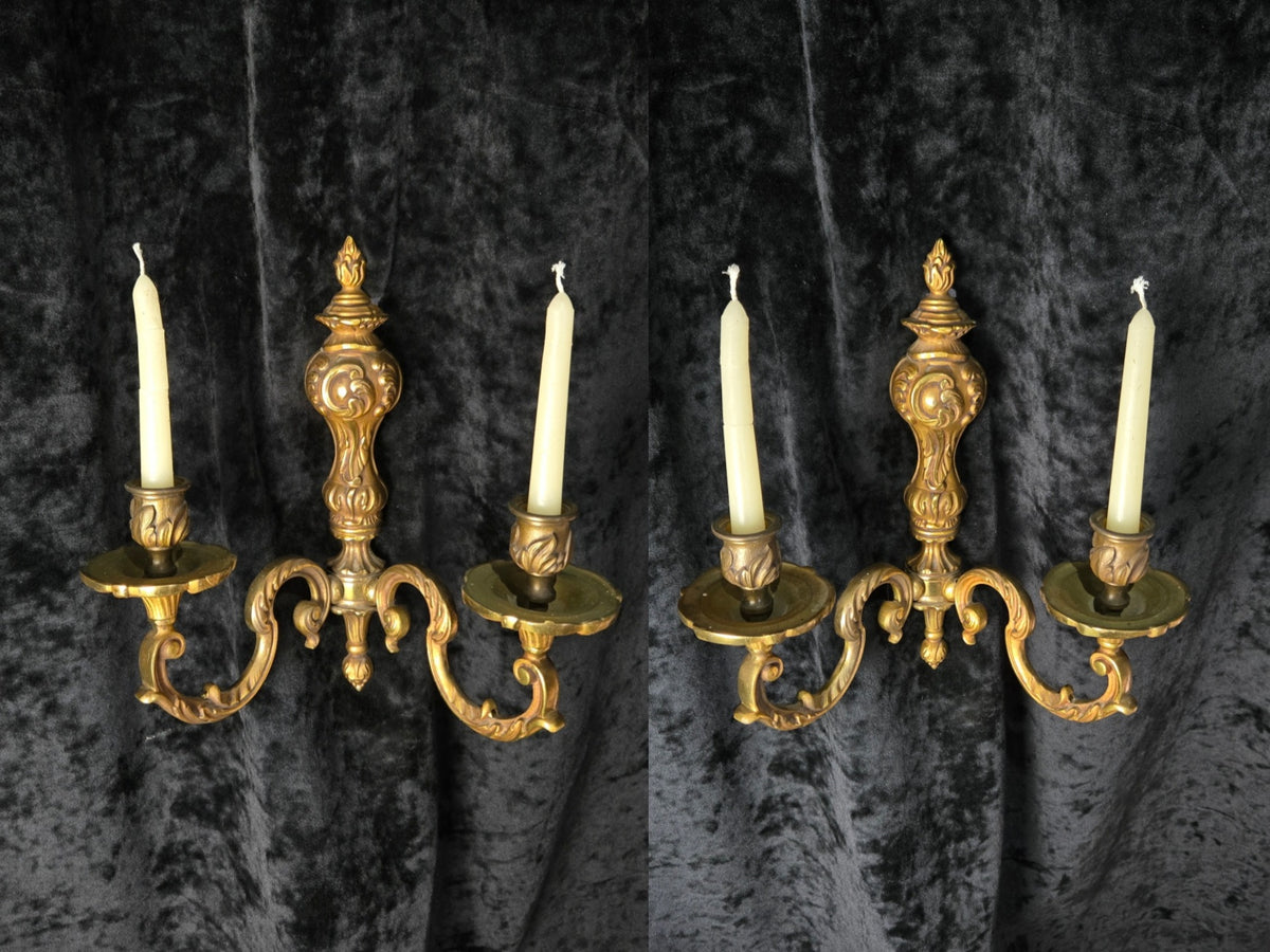 Fine Pair of Heavy Antique French Bronze Rococo Style Candle Wall Lights Sconces