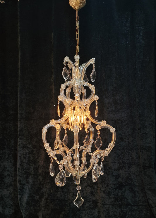 Gorgeous Vintage French Tall 1 Light Brass Glass Marie Therese Cage Chandelier