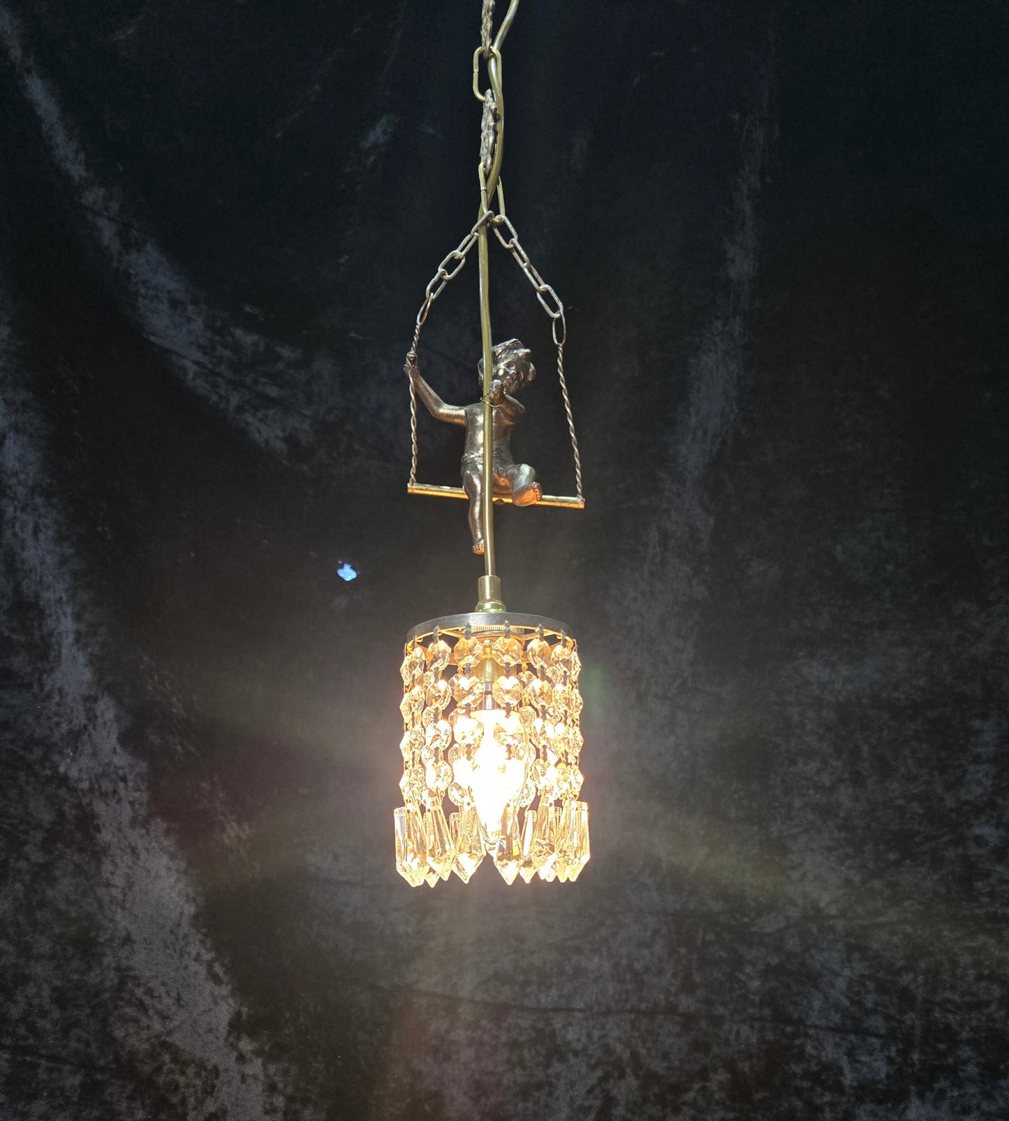 Beautiful Petite Vintage French Brass Cherub Crystal Chandelier Ceiling Light