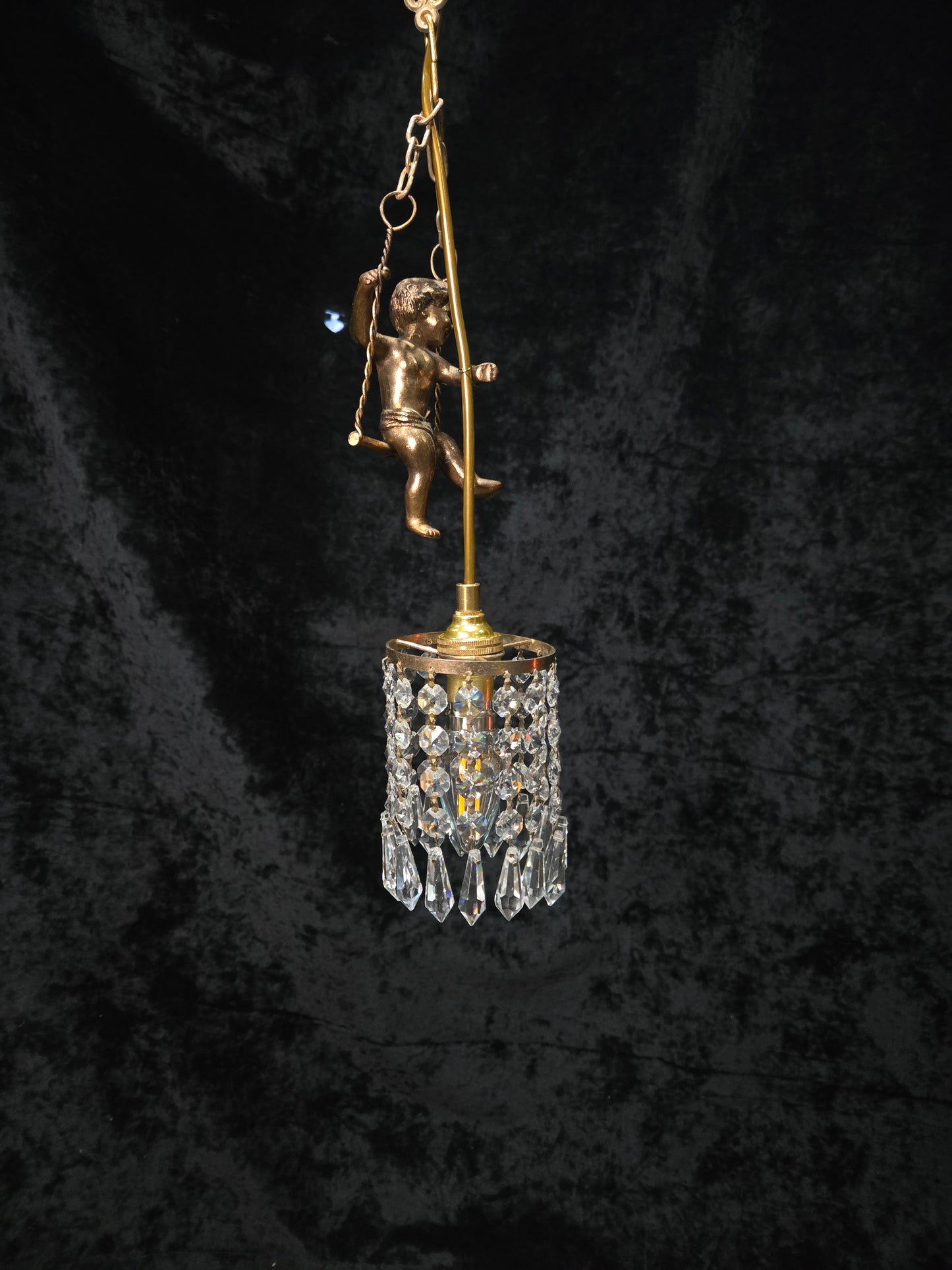 Beautiful Petite Vintage French Brass Cherub Crystal Chandelier Ceiling Light